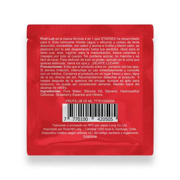 Lubricante | Frutila | Efecto Calor | 5ml | Base Hibrida | Sachet